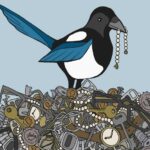 magpie sitting on bright shiny objects